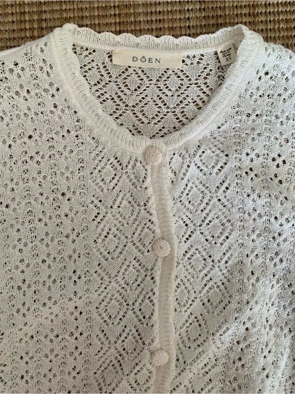 Doen Diane Pointelle Lace Crochet Button Knit Cardigan Sweater Top Ivory White
